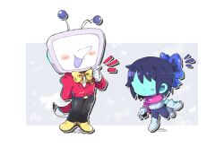 Rule 34 | 1boy, 1other, ant tenna, arm behind back, armor, belt, belt buckle, bgzkti, black belt, black bodysuit, black hair, black pants, blue bow, blue skin, blush stickers, bodysuit, bow, buckle, chibi, colored skin, crt, deltarune, electric plug, electric plug tail, full body, gloves, hair bow, kris (dark world) (deltarune), kris (deltarune), no eyes, notice lines, object head, pants, pointy nose, shoes, smile, tail, tailcoat, white gloves, yellow shoes