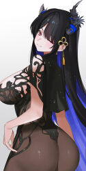 1girl absurdres alternate_costume ass asymmetrical_horns black_bodysuit black_hair blue_hair blush bodysuit breasts cho_913 chronopattern_dress closed_mouth colored_inner_hair crystal_horns demon_horns flower from_behind hashtag-only_commentary highres hololive hololive_english horn_flower horns large_breasts long_hair looking_at_viewer looking_back meme_attire mole mole_under_eye multicolored_hair nerissa_ravencroft red_eyes see-through_bodysuit see-through_clothes simple_background smile solo uneven_horns very_long_hair virtual_youtuber white_background
