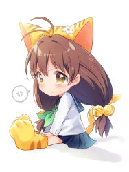 1girl anger_vein animal_hat antenna_hair bell blue_sailor_collar blue_skirt brown_eyes brown_hair cat_girl cat_hat cat_tail child closed_mouth commentary_request di_gi_charat flower full_body green_neckerchief hair_bell hair_ornament hat hat_flower long_hair long_sleeves looking_at_viewer low_twintails neckerchief paw_shoes pleated_skirt puchiko sailor_collar school_uniform serafuku shiramori_sawa shirt shoes sitting skirt solo speech_bubble spoken_anger_vein tail twintails v-shaped_eyebrows white_background white_flower white_shirt yellow_hat yellow_shoes
