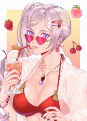 Rule 34 | 1girl, breasts, cleavage, commentary, cup, earrings, edelgard von hresvelg, edelgard von hresvelg (timeskip), fire emblem, fire emblem: three houses, heart, heart-shaped eyewear, highres, holding, holding cup, jewelry, large breasts, looking at viewer, necklace, nintendo, open clothes, open shirt, purple eyes, radiostarkiller, see-through clothes, see-through shirt, shirt, side ponytail, solo, symbol-only commentary, upper body, white hair