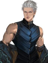 1boy absurdres bare_shoulders black_pants blue_coat blue_eyes blue_vest closed_mouth coat commentary devil_may_cry_(series) devil_may_cry_5 english_commentary hashtag-only_commentary henoopd highres lips looking_at_viewer male_focus muscular muscular_male pants short_hair simple_background solo tsurime upper_body veins veiny_arms vergil_(devil_may_cry) vest white_background white_hair