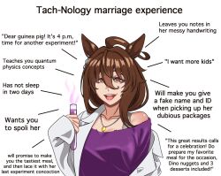 Rule 34 | 1girl, aged up, agnes tachyon (umamusume), ahoge, animal ears, breasts, brown hair, collarbone, commentary, english commentary, english text, hair between eyes, highres, horse ears, horse girl, huge ahoge, jewelry, lab coat, long sleeves, looking at viewer, mature female, medium hair, necklace, open mouth, purple shirt, red eyes, romulproduce, shirt, signature, sleeves past wrists, smile, solo, teeth, test tube, umamusume, upper body, upper teeth only