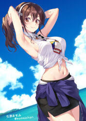1girl armpits arms_behind_head arms_up ashigara_(kancolle) black_skirt blue_sky blush breasts brown_eyes brown_hair clothes_around_waist cloud commentary_request day front-tie_top hair_between_eyes hairband hands_in_hair ishihara_masumi jacket jacket_around_waist kantai_collection large_breasts long_hair looking_at_viewer midriff navel necktie ocean outdoors pencil_skirt shirt skirt sky sleeveless sleeveless_shirt smile solo twitter_username water white_hairband