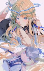 Rule 34 | 1girl, absurdres, bare shoulders, black collar, blonde hair, blue eyes, cartethyia (wuthering waves), closed mouth, collar, commentary, crown of thorns, earrings, grey background, hand puppet, hand up, highres, hikaku (siyrgr), jewelry, light blush, long hair, looking at viewer, lying, on stomach, parted bangs, pointy ears, puppet, sidelocks, solo, tacet mark (wuthering waves), the pose, wuthering waves