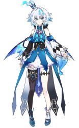 1girl black_thighhighs blue_dress blue_eyes blue_hair blue_shoes cerydra_(honkai:_star_rail) crown detached_sleeves dress eee3_23 full_body hair_intakes hashtag-only_commentary honkai:_star_rail honkai_(series) long_hair mini_crown shoes simple_background single_thighhigh solo thighhighs white_background wings