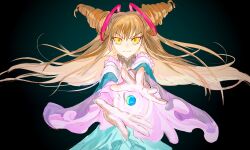 Rule 34 | 1girl, black background, blonde hair, brown hair, closed mouth, cone hair bun, cube, drill hair, floating hair, hair bun, hair ornament, highres, lan ruobing, lan ruobing (pristess), long hair, looking at viewer, qianhai zhangyu, smile, solo, twin drills, very long hair, yellow eyes, zhandou wang zhi jufeng zhan hun