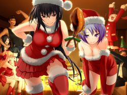 3boys 5girls arm_up arms_up bare_arms black_hair blank_eyes blonde_hair boots bow breasts brown_hair cake christiane_friedrich christmas cleavage closed_mouth detached_sleeves dress floating_hair food fur-trimmed_boots fur-trimmed_dress fur-trimmed_headwear fur-trimmed_sleeves fur_trim game_cg gloves hair_between_eyes hair_bow hand_on_own_hip hat holding holding_food indoors kawagishi_keitarou kawakami_kazuko kawakami_momoyo layered_skirt leaning_forward long_hair long_sleeves maji_de_watashi_ni_koi_shinasai! mayuzumi_yukie medium_breasts miniskirt morooka_takuya multiple_boys multiple_girls naoe_yamato party purple_eyes purple_hair red_bow red_dress red_eyes red_footwear red_headwear red_shirt red_skirt red_sleeves red_socks red_thighhighs santa_costume santa_hat shiina_miyako shirt short_dress short_hair skirt sleeveless sleeveless_shirt smile socks strapless strapless_dress tadakatsu_minamoto thigh_boots thighhighs tube_dress very_long_hair white_gloves wrist_cuffs zettai_ryouiki