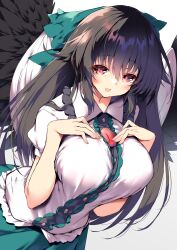 1girl absurdres bird_wings black_hair black_wings blush bow breasts buttons collared_shirt feathered_wings green_bow green_skirt hair_between_eyes hair_bow highres large_breasts long_hair open_mouth red_eyes reiuji_utsuho sakurame shirt simple_background skirt solo third_eye touhou upper_body white_background white_shirt wings