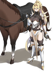 1girl animal armor black_thighhighs blonde_hair blue_eyes boots breast_strap breasts cleavage commentary cross cross_earrings dawalixi earrings female_knight full_body garter_straps gauntlets hair_intakes hair_ornament hairband high_heel_boots high_heels highres holding holding_reins holding_sword holding_weapon horse jewelry knight large_breasts leotard long_hair looking_at_viewer open_mouth original ponytail reins saddle scabbard shadow sheath sheathed shoulder_armor simple_background standing sword symbol-only_commentary thighhighs weapon white_background