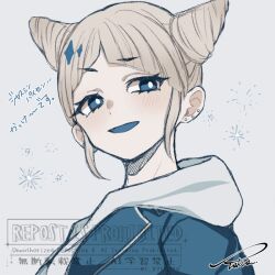 1girl :d commentary cone_hair_bun diagonal_bangs double_bun grey_background hair_bun hashtag-only_commentary hood hood_down hoodie limited_palette looking_at_viewer open_mouth short_hair signature simple_background smile solo t_b7ce390 tomarigi_yasumi toshi_densetsu_kaitai_center translation_request upper_body