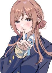 Rule 34 | 1girl, absurdres, blazer, blue jacket, blue ribbon, blush, brown hair, finger to mouth, fingernails, gakuen idolmaster, hamafugu, hatsuboshi gakuen school uniform, highres, himesaki rinami, idolmaster, jacket, long hair, looking at viewer, neck ribbon, ribbon, school uniform, shirt, shushing, simple background, smile, solo, sweater, upper body, very long hair, white background, white shirt, yellow sweater