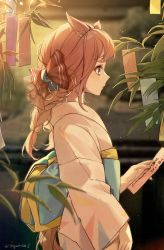 1girl absurdres agnes_digital_(umamusume) alternate_costume alternate_hairstyle animal_ears blue_eyes blurry blurry_background bow braid braided_ponytail brown_hair from_side hair_bow hair_ornament highres horse_ears japanese_clothes kimono long_hair long_sleeves night obi outdoors sash solo standing tanabata tanzaku twitter_username umamusume upper_body yogukasu yukata