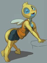 1boy apis armpit_crease armpits blonde_hair blue_eyes blush bulge dunsparce feet furry gen_2_pokemon highres male_focus monster_boy nintendo one_eye_closed pokemon pokemon_(creature) short_shorts shorts shota solo tail tank_top wings wink