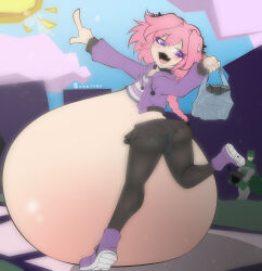 absurdres artist_name ass astolfo_(fate) bag batman batman_(series) big_belly black_pantyhose blush can cloud colored_eyelashes covered_testicles crop_top dc_comics drink_can energy_drink eyelashes fang fate/apocrypha fate/grand_order fate_(series) full_body highres huge_ass inflation jacket leg_up long_hair male_focus microskirt multicolored_hair pantyhose pink_hair pointing pointing_up purple_jacket shopping_bag skin_fang skirt solo some31 streaked_hair sun trap