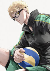 Rule 34 | 1boy, ball, blonde hair, commentary request, from side, glasses, haikyuu!!, highres, jacket, long sleeves, looking at viewer, male focus, shiki (shiki no), short hair, shorts, simple background, solo, tsukishima kei, volleyball (object), white background, yellow eyes