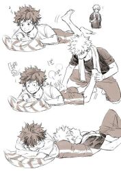 annoyed bakugou_katsuki barefoot blush boku_no_hero_academia bones_(company) cellphone embarrassed feet freckles head_on_ass looking_back lying messy_hair midoriya_izuku on_stomach pants phone pillow shirt shorts shounen_jump smile soles spiked_hair sweatdrop toes towel traditional_media