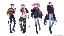 Rule 34 | 4boys, alternate costume, animal hat, arm at side, arm warmers, azusawa mito, bandaid, bandaid on knee, bandaid on leg, beanie, belt, belt charm, belt collar, black belt, black boots, black choker, black coat, black collar, black eyes, black gloves, black hat, black jacket, black nails, black pants, black shirt, black shoes, black skirt, blonde hair, boots, bracelet, brown hair, cat hat, chain, chain leash, chain necklace, charm (object), chest harness, choker, clock over orquesta, coat, collar, copyright notice, crossdressing, crossdressing (mtf), detached pants, double side ponytail, dress, earrings, fingerless gloves, fishnet arm warmers, fishnet dress, fishnet thighhighs, fishnet top, fishnets, full body, glasses, gloves, green eyes, green necktie, green pants, grey pants, hair between eyes, hair ornament, hair slicked back, hairclip, hand in pocket, harness, hat, heart, heart necklace, highres, holding, holding microphone, isamu, jacket, jewelry, knee boots, lace-up boots, leash, lineup, long hair, long sleeves, looking at viewer, male focus, microphone, multiple belts, multiple boys, multiple rings, nail polish, navel, necklace, necktie, o-ring, o-ring belt, o-ring choker, o-ring thigh strap, official art, open clothes, open coat, open jacket, open mouth, otoha iosuke, pants, parted bangs, pinafore dress, pink hair, plaid clothes, plaid jacket, plaid necktie, plaid pants, poncho, print shirt, red hair, ring, sakaki yairo, shirt, shoes, short hair, short sleeves, simple background, single off shoulder, skirt, sleeveless, sleeveless coat, sleeveless dress, smile, standing, striped clothes, swept bangs, t-shirt, tenma rikka, thigh belt, thigh strap, thighhighs, torn clothes, torn pants, torn shirt, torn thighhighs, trap, twintails, two-sided fabric, two-sided jacket, undershirt, wavy hair, white background, white shirt, yellow eyes, yellow poncho