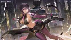 1boy 1girl absurdres adjutant_(snowbreak) back-to-back black_coat black_hair black_shirt black_skirt black_thighhighs breasts bright_pupils camcorder camera cleavage_cutout clothing_cutout coat copyright_name cropped_shirt elbow_gloves facing_away floating_hair foot_out_of_frame glasses gloves highres holding holding_camera indoors large_breasts leg_up logo long_hair low_twintails miniskirt multicolored_hair navel official_art purple_eyes purple_gloves purple_hair round_eyewear running shirt short_hair sideboob skirt sleeveless sleeveless_shirt smile snowbreak:_containment_zone solo_focus stage stomach streaked_hair thighhighs twintails very_long_hair video_camera vidya_shannon white_pupils zettai_ryouiki