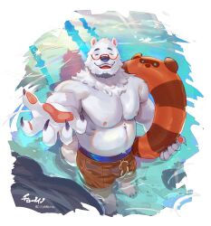 1boy bara bear beard cilohnoino claws facial_hair furry furry_male holding holding_umbrella large_pectorals male_focus muscular muscular_male nipples offering_hand open_mouth original pectorals polar_bear red-framed_eyewear solo umbrella wading white_fur