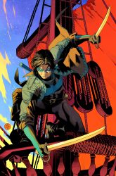 1boy absurdres batman_(series) belt black_belt black_bodysuit black_boots black_hair black_jacket blue_bodysuit blue_jacket blue_mask bodysuit boots brown_belt cutlass dan_mora dc_comics dick_grayson domino_mask dual_wielding fire highres holding holding_sword holding_weapon jacket mask mast multicolored_jacket night nightwing on_one_knee open_clothes open_jacket outdoors sailing_ship short_hair smirk solo star_(sky) sword two-tone_bodysuit two-tone_jacket weapon