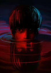 Rule 34 | 2girls, absurdres, apocalypse now, black eyes, black hair, blank stare, chainsaw man, close-up, crain1art, dark, different reflection, glowing, glowing eyes, glowing scar, highres, horror (theme), limited palette, looking at viewer, mitaka asa, mouth under water, multiple girls, night, nose, partially submerged, realistic, red theme, reflection, ringed eyes, ripples, scar, scar on face, staring, watermark, yoru (chainsaw man)