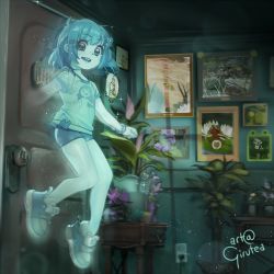 1girl bike_shorts child electrical_outlet floating freckles ghost girutea glowing hair_bobbles hair_ornament hairclip indie_virtual_youtuber indoors light_particles lily_hopkins open_mouth painting_(object) plant potted_plant shoes spooky&#039;s_house_of_jump_scares spooky_(shojs) table vase virtual_youtuber