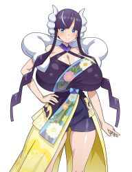 absurdres bow-shaped_hair breasts character_hair_ornament cleavage elesa_(pokemon) elesa_(sygna_suit)_(alt.)_(pokemon) hair_ornament highres hitokiwa_kenchin huge_breasts japanese_clothes kimono multicolored_hair nintendo official_alternate_costume pokemon pokemon_masters_ex sleeveless sleeveless_kimono split-color_hair