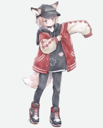 Rule 34 | 1girl, 63suke, animal ears, arknights, baseball cap, black choker, black hat, black hoodie, black pants, blonde hair, blue eyes, blush, choker, closed mouth, commentary request, dressing, ears through headwear, fox ears, fox girl, fox tail, full body, hat, heel up, hood, hoodie, jacket, jacket over hoodie, letterman jacket, long sleeves, material growth, oripathy lesion (arknights), outstretched arm, pants, red jacket, revision, shoes, short hair, simple background, sneakers, solo, standing, sussurro (arknights), sussurro (travel freely) (arknights), tail, white background