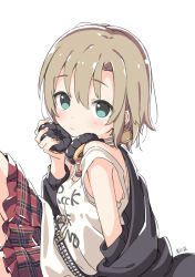 Rule 34 | 1girl, belt, belt buckle, black belt, black jacket, blue eyes, breasts, brown hair, buckle, closed mouth, clothes writing, hair between eyes, headphones, headphones around neck, idolmaster, idolmaster cinderella girls, jacket, kuresuku (lessons), looking at viewer, medium hair, open clothes, open jacket, parted bangs, plaid clothes, plaid skirt, red skirt, skirt, solo, strap slip, studded belt, tada riina, tank top, white background, white tank top