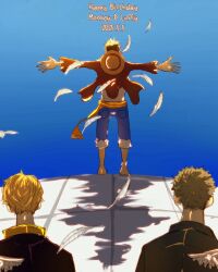 3boys back black_hair black_jacket black_suit blonde_hair blue_shorts character_name commentary_request dated feathers formal_clothes green_hair happy_birthday hat highres jacket m_ri_na_op monkey_d._luffy multiple_boys one_piece outstretched_arms red_shirt roronoa_zoro sanji_(one_piece) sash shirt short_hair shorts straw_hat suit white_feathers yellow_sash yellow_shirt