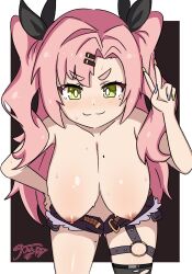 1girl :3 arm_up blue_eyes breasts closed_mouth collar female_focus green_eyes heart jua large_breasts legs long_hair nicole_demara nipples noae pink_hair shorts solo standing sweat uncensored zenless_zone_zero
