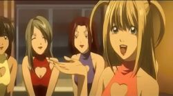 animated animated_gif anime_screenshot black_hair blonde_hair blue_dress breasts brown_hair cleavage death_note dress green_dress happy multiple_girls pink_dress red_dress sitting smile take_your_pick yellow_dress