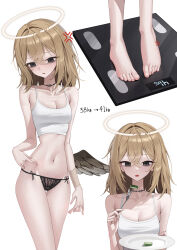 1girl absurdres angel anger_vein ashal_(mansu) bags_under_eyes barefoot bathroom_scale black_eyes black_panties blonde_hair blurry breasts broken_halo cleavage cucumber cucumber_slice depth_of_field diet feet fork grey_wings halo highres holding holding_fork holding_plate lace lace_panties legs looking_at_viewer looking_down low_wings mansu_(user_pnmp4287) medium_breasts multiple_views narrow_waist navel neck_tattoo no_pants open_mouth original panties parted_lips pinching_belly plate scissor_tattoo side-tie_panties simple_background single_wing skinny solo tank_top tattoo thighs toenails toes underwear weighing_scale weight_conscious white_background white_tank_top wings wristband