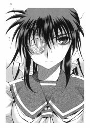 1girl eyepatch female_focus greyscale highres inoue_sora long_hair mitsurugi_ryouko monochrome official_art ponytail real_bout_high_school scan school_uniform solo