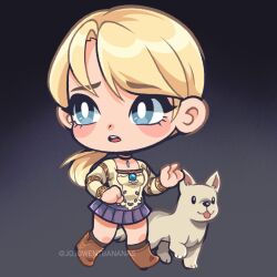 1girl artist_name black_eyes blonde_hair blue_eyes boots brown_boots chibi demento dog fiona_belli gradient_background hewie jewelry joanna_went_bananas long_hair low_ponytail necklace ponytail skirt tongue tongue_out