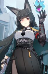 1girl animal_ear_fluff animal_ears aqua_jacket black_hair black_necktie black_pantyhose black_skirt blunt_bangs collared_shirt ebbilin eyeball fingerless_gloves fox_ears fox_girl gauntlets gloves high-waist_skirt hoshimi_miyabi jacket long_hair necktie pantyhose red_eyes shirt single_fingerless_glove single_gauntlet skirt tailless_(zenless_zone_zero) white_shirt zenless_zone_zero