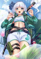 Rule 34 | 1girl, alternate costume, bag, belt, bikini, black hairband, blue eyes, blue sky, cloud, flower, ghost, green jacket, grey hair, hairband, highres, holding, holding behind back, holding sword, holding sword behind back, holding weapon, holding weapon behind back, jacket, konpaku youmu, konpaku youmu (ghost), konpaku youmu (sunny dual-wielder), long sleeves, looking at viewer, multiple swords, open mouth, outdoors, short hair, shounen (hogehoge), sky, solo, swimsuit, sword, teeth, thigh strap, touhou, touhou lostword, upper teeth only, variant set, weapon, white bikini, white footwear