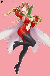 1girl blush boots brown_eyes brown_hair cape cosplay digimon digimon_adventure happy hayato_stuff high_heels highres leaf looking_at_viewer one_eye_closed pointing pointing_at_viewer rosemon rosemon_(cosplay) smile tachikawa_mimi thorns