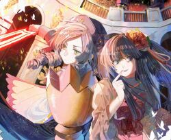 Rule 34 | 2girls, artist name, blue eyes, blunt ends, bug, butterfly, dlanor a. knox, drill hair, end of the golden witch, flower, furudo erika, glowing, glowing sword, glowing weapon, hair flower, hair ornament, highres, holding, holding sword, holding weapon, indoors, insect, multiple girls, open mouth, purple hair, red flower, red rose, rose, shirozakura, slit pupils, smile, sparkle, standing, sword, twitter username, umineko no naku koro ni, watermark, weapon, yellow eyes