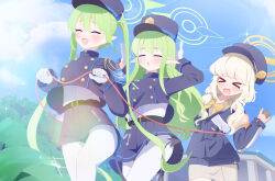 &gt;_&lt; 3girls absurdres aoba_(blue_archive) black_hat black_jacket black_shorts black_skirt blonde_hair blue_archive blue_sky bow bowtie brown_shirt brown_skirt closed_eyes cloud commentary day fortysansan green_hair green_halo halo hat highres hikari_(blue_archive) jacket multiple_girls nozomi_(blue_archive) outdoors pantyhose plant shirt shorts skirt sky white_pantyhose white_shirt yellow_bow yellow_bowtie yellow_halo