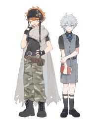 Rule 34 | 2boys, adjusting scarf, belt, belt pouch, bishounen, black boots, black shirt, black shoes, black socks, blue eyes, book, boots, camouflage, camouflage pants, cape, collared shirt, earrings, fingerless gloves, full body, glove cutout, gloves, green pants, grey cape, grey scarf, grey shorts, grey vest, haiena utopia, hair between eyes, hand on own arm, hand on own hip, hand up, heterochromia, highres, holding, holding book, jewelry, loafers, male focus, multiple boys, o-ring, o-ring belt, orange eyes, orange hair, original, pants, pouch, scar, scar across eye, scar on face, scarf, shirt, shoes, short sleeves, shorts, side-by-side, simple background, socks, standing, vest, white background, white eyes, wing collar