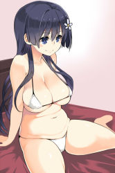 Rule 34 | 1girl, alternate breast size, bare legs, barefoot, bikini, black hair, blue eyes, breasts, cleavage, female focus, flower, gradient background, hair flower, hair ornament, indoors, kawakami masaki, large breasts, long hair, navel, on bed, plump, saten ruiko, sitting, smile, solo, string bikini, swimsuit, toaru kagaku no railgun, toaru majutsu no index, wariza, white bikini