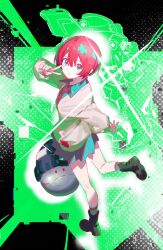 1girl abstract_background amate_yuzuriha aqua_eyes aqua_shirt aqua_skirt beanie black_boots black_hat boots closed_mouth commentary full_body gquuuuuux gundam gundam_gquuuuuux haro hashtag-only_commentary hat highres looking_at_viewer mecha mobile_suit necktie non-humanoid_robot pleated_skirt red_hair robot ryuuforkaf school_uniform shirt short_hair skirt socks standing standing_on_one_leg striped_necktie sweater v white_socks yellow_sweater