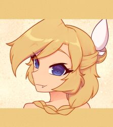 1girl absurdres bare_shoulders blonde_hair blue_eyes braid closed_mouth commentary english_commentary fang highres letterboxed looking_at_viewer looking_back nelly_(xyronii) original portrait solo xyronii yellow_background