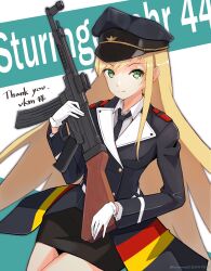 absurdres ammo21204760 assault_rifle blonde_hair commission commissioner_upload girls&#039;_frontline gloves green_eyes gun hat highres looking_at_viewer military_hat necktie rifle skeb_commission smile stg44 stg44_(girls&#039;_frontline) uniform weapon white_gloves