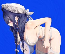 1girl absurdres bent_over blue_background blue_eyes blue_hair bra braid breasts clock closed_mouth erasorpepero frilled_hat frills garter_belt garter_straps hair_intakes hat highres hololive hololive_english kronie_(ouro_kronii) lace lace_bra large_breasts lingerie long_hair low_twin_braids maid maid_headdress navel official_alternate_costume official_alternate_hairstyle ouro_kronii ouro_kronii_(maid) pink_pupils simple_background solo twin_braids underwear underwear_only undressing virtual_youtuber white_garter_straps