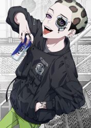 Rule 34 | absurdres, android, barcode, black jacket, buzz cut, can, drink can, ear piercing, earrings, energy drink, eyelashes, fangs, gender request, green pants, hand in pocket, highres, holding, holding can, jacket, jewelry, multicolored hair, open mouth, original, pants, piercing, purple eyes, ring, short hair, smile, solo, tattoo, teeth, tongue, tongue out, tongue piercing, very short hair, xxx akc