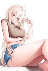 1girl absurdres ahoge bare_arms bare_shoulders blue_shorts bra_visible_through_clothes breasts bright_pupils brown_shirt chano39 cleavage clothing_cutout commentary_request commission crop_top cutoffs denim denim_shorts grin hair_between_eyes hand_up highres korean_commentary large_breasts lethe_rin long_hair looking_at_viewer midriff navel original red_eyes second-party_source see-through_cleavage see-through_clothes shirt short_shorts short_sleeves shorts side_cutout simple_background sitting smile solo stomach sweat thighs very_long_hair white_background white_hair