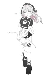 1girl absurdres apron chest_harness clothing_cutout dress flat_chest full_body harness heart heart_cutout heart_tattoo highres kan_ppang leg_tattoo long_hair looking_at_viewer maid maid_headdress makaino_ririmu makaino_ririmu_(5th_costume) monochrome nijisanji one_eye_closed own_hands_together platform_shoes short_dress sketch smile solo spot_color tattoo thigh_gap thigh_strap
