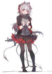 1girl absurdres arknights black_pantyhose chain cuffs curly_sue demon_tail grey_hair handcuffs highres long_hair no_shoes pantyhose pleated_skirt red_eyes restrained sao7 skirt solo tail w_(arknights)